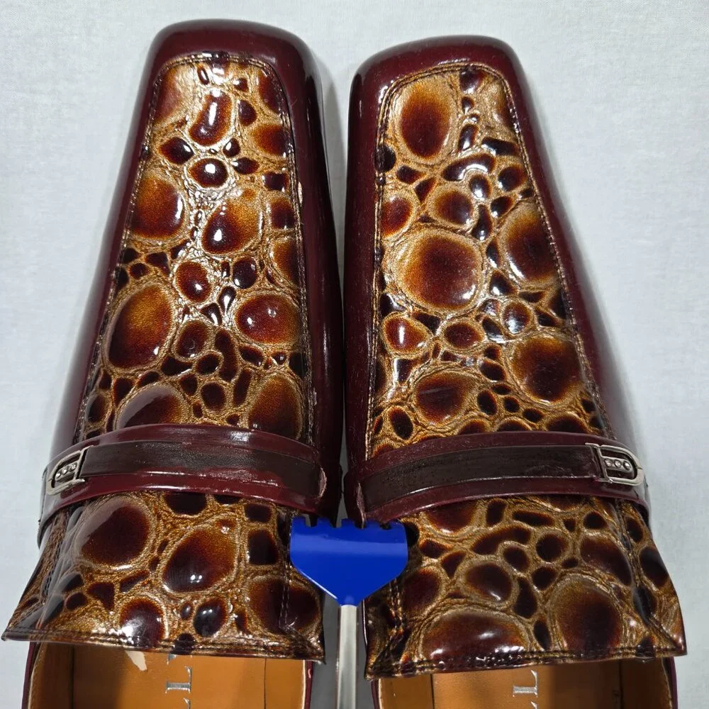 Vintage BALLY Rockabilly Red Wine Patent Leather Brown Crocodile Loafers Size 9B